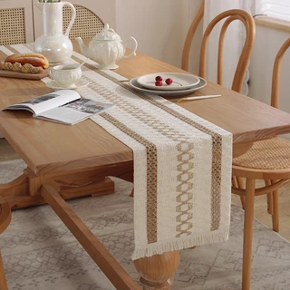 Khăn trải bàn bằng vải lanh Cotton và vải lanh màu tua rua dài để trang trí gia đình và nhà hàng Đồ nội thất sọc màu trơn Vải chống bụi