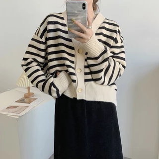 H Áo Khoác cardigan Dệt Kim Mềm Mại Cổ Chữ v Họa Tiết Kẻ Sọc Thời Trang Mùa Đông Cho Nữ