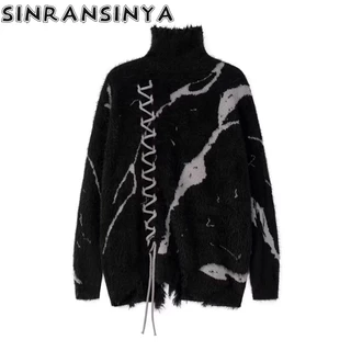 Sinransinya Áo sweater Cổ Cao Tay Dài Nhuộm Màu Nhuộm Phối Tua Rua Phong Cách Đường Phố Mỹ Cao Cấp Thời Trang Cho Nam