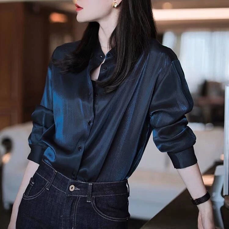 Áo Sơ Mi Nữ Dài Tay Thu Đông 2022 Thiết Kế Rời Niche Sang Trọng Top Drape Tính Khí Acetate Satin Áo Sơ Mi