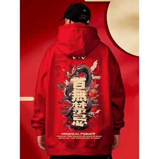 Áo hoodie Tay Dài Dáng Rộng In Hình Rồng Năm Mới 2024 Phong Cách Trung Hoa Cho Nam Đen