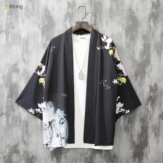 Yt- Áo Khoác cardigan In Họa Tiết Hoa Đào Chim Phong Cách Nhật Bản retro Cho Nam