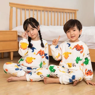 Bộ đồ ngủ flannel ấm áp mùa đông cho bé trai và bé gái, bộ quần áo mặc ở nhà bằng lông cừu cho trẻ em
