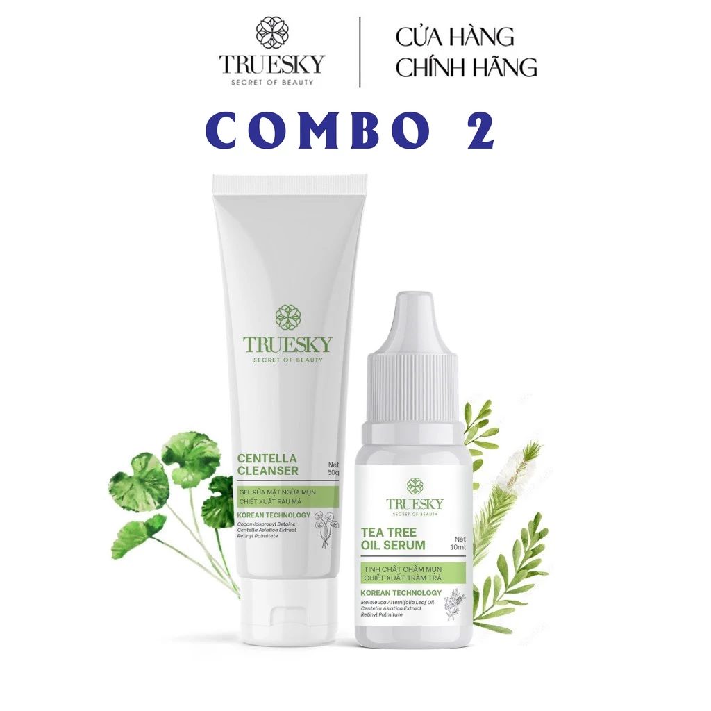 [COMBO 2 SẢN PHẨM] Dành cho da mụn Truesky gồm 1 tinh chất chấm mụn tràm trà 10ml + 1 gel rửa mặt ngừa mụn rau má 50g