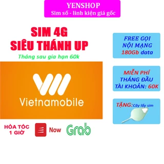 Sim 4G Vietnamobile Siêu Thánh Up Data 180Gb-120Gb Không giới hạn tốc độ thường - Free gọi & nhắn tin - Sim 4G giá rẻ