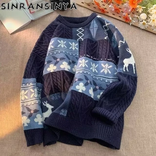 Sinransinya Áo sweater Dệt Kim Dáng Rộng In Hình Tuần Lộc Giáng Sinh Cao Cấp Kiểu retro Mỹ Ấm Áp Cho Nam