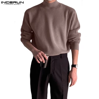 INCERUN Áo sweater Dệt Kim Tay Dài Cổ Cao Màu Trơn Cá Tính Cho Nam