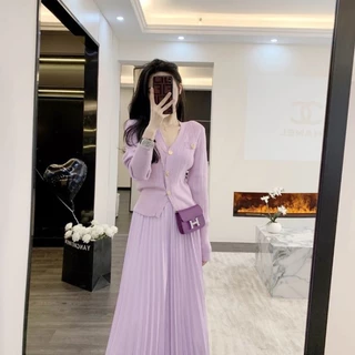 Thời Trang Bộ Áo cardigan Dệt Kim Dáng Rộng + Chân Váy Xếp Ly Phong Cách Hoàng Gia Hàn Quốc Xinh Xắn Cho Nữ