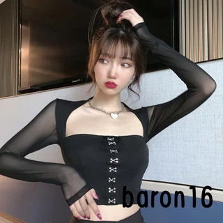 Risz Áo Thun crop Top Tay Dài Cổ Vuông Phối Lưới Và Nút Trang Trí Phía Trước Phong Cách retro Dành Cho Nữ