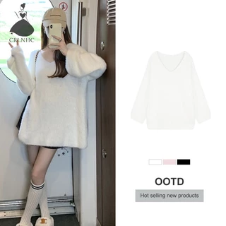 Crlnhc Áo sweater Dệt Kim Tay Dài Dáng Rộng Cổ Chữ v Phối Lông Mềm Thời Trang Thu Đông Cho Nữ v