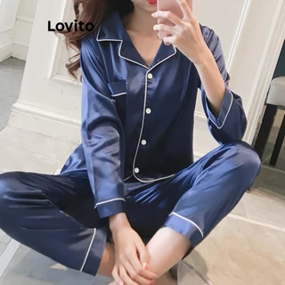 Bộ đồ ngủ Lovito satin có túi phối viền tương phản màu trơn thường ngày cho nữ LNA18006 (Màu xanh royal)