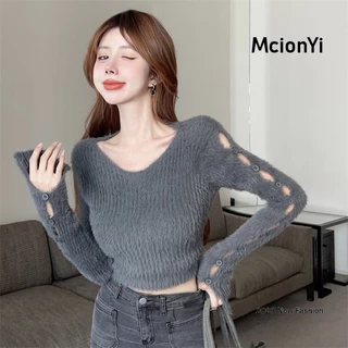 Mcionyi Áo sweater Dệt Kim Tay Dài Dáng Ngắn Phối Rách Thời Trang 2023 Cho Nữ