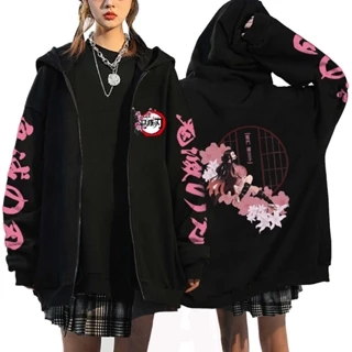 Áo Khoác Hoodie Chui Đầu Có Khóa Kéo In Hình demon slayer Nhật Bản kamado nezuko plus size Cho Nữ Thời Trang