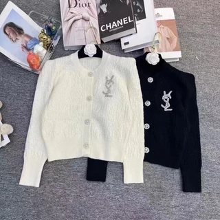 Áo Khoác cardigan Dệt Kim Ngắn In Chữ chanel Đính Đá Kiểu Pháp Thời Trang Thu Đông