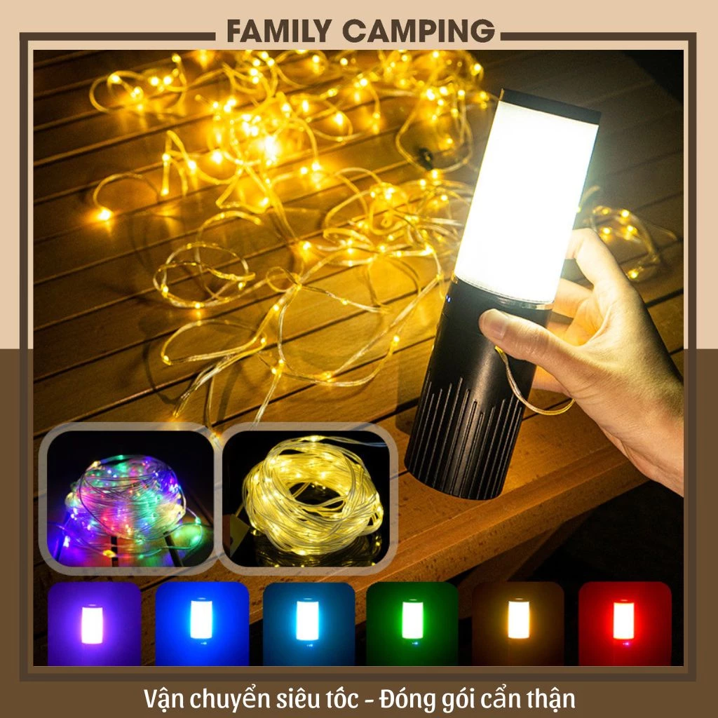 Đèn trang trí dây đèn di động dài 15 mét với đèn LED, dùng để trang trí lều cắm trại làm sáng không gian ngoài trời