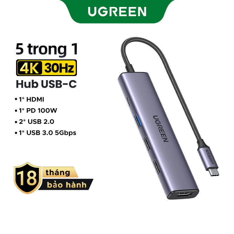 Hub USB C UGREEN với HDMI 4K, Bộ chuyển đổi đa cổng Type C 5 trong 1, Giao hàng nguồn 100W|Bảo hành 18 tháng