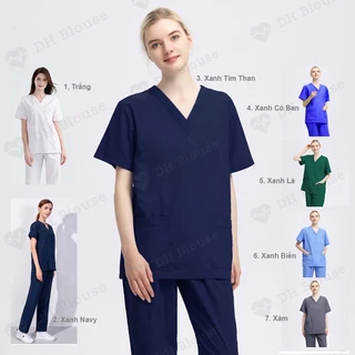 Bộ scrubs bác sĩ cổ tim - bộ blue đồng phục kỹ thuật viên, điều dưỡng, hộ lý, spa chất phổ thông