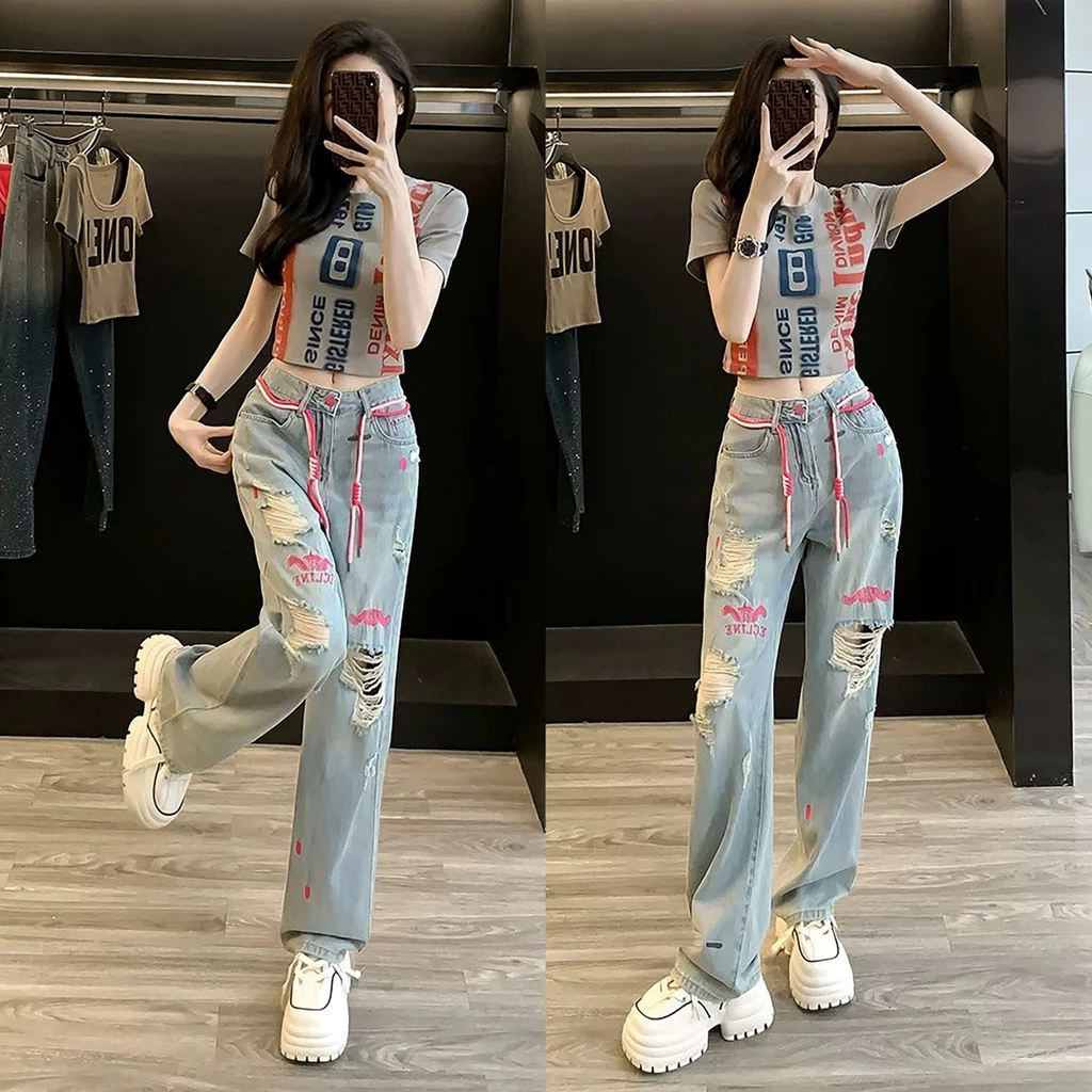 Quần Jeans Nữ Suông Ống Rộng Thêu Chữ Hồng Kèm Dây Bigsize 0049 quần bò nữ ống rộng dáng xuông
