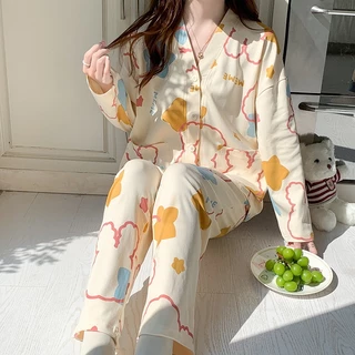 Bộ Đồ Ngủ cotton Tay Dài Cổ Chữ v Phong Cách kimono Thời Trang Thu Đông Mới