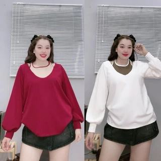 Áo thun dáng sweater Nhỏ Clothing Bigsize nữ tay dài bồng phối cổ yếm phom rộng tôn dáng hiện đại trẻ trung G143