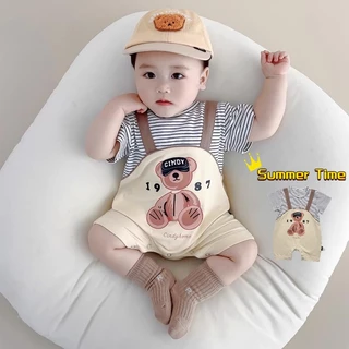 Áo Liền Quần Tay Ngắn Bằng Vải cotton In Hình Gấu Hoạt Hình Dành Cho Bé Trai Gái 0-24 Tháng Tuổi