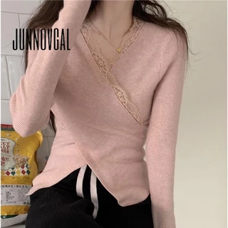 Áo Khoác Cardigan Cổ Chữ v Tay Dài Màu Trơn Phối Ren 2023 Phong Cách Mới Dành Cho Bạn Nữ junnovgal