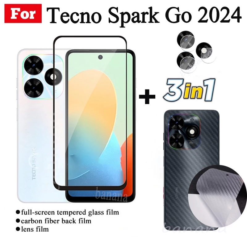 3 TRONG 1 Tecno Spark Go 2024 Kính Cường Lực Full Cover Phim Cho Spark 20 / 20C Ống Kính Máy Ảnh Kính Bảo Vệ Màn Hình Và Phim Mặt Sau