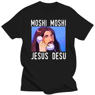 Áo Thun cotton Màu Đen In Họa Tiết moshi moshi jesus desu Vui Nhộn Cho Nam Cỡ s-4xl