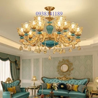 Đèn chùm thả trần 15 tay xanh kiểu tân cổ điển Châu Âu trang trí sảnh chung cư khách sạn phòng khách cao cấp