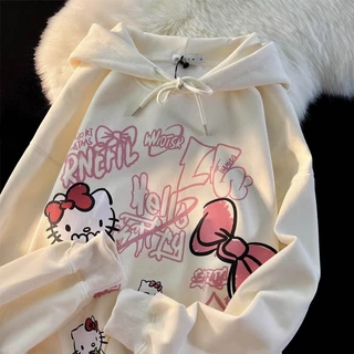 [polyester] Áo Hoodie Mỏng Dáng Rộng Tay Dài In Hình Mèo kitty Thắt Nơ Phong Cách retro Mỹ Cho Nữ