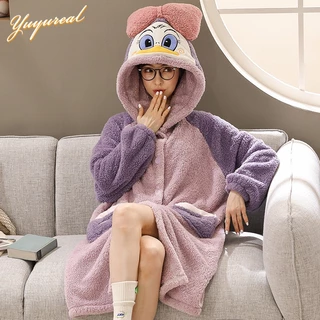 Yuyureal Bộ Đồ Ngủ vải lông cừu san hô hoạt hình Dễ thương đồ mặc nhà Áo choàng ngủ nữ