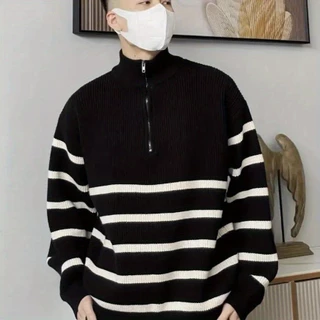 Áo sweater Dệt Kim Cổ Đứng Dáng Rộng Phối Khóa Kéo Thời Trang Thu Đông Cho Nam