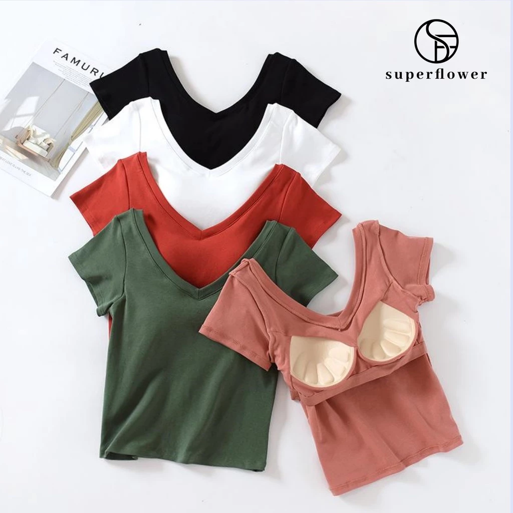 Superflower Áo Thun yoga cotton Cổ Chữ v Thắt Lưng Có Đệm Ngực Không Gọng Cho Nữ