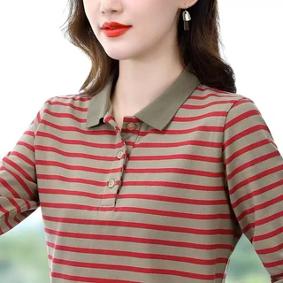 T-shirt women's striped long-sleeved lapel Western style blouse women's bottoming shirt women's polo collar shirt