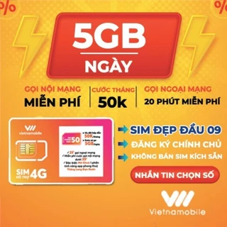 Sim 4G Vietnamobile, Sim data ưu đãi 5GB/ngày cước 50k/tháng, Sim mạng mới 100% được chọn số