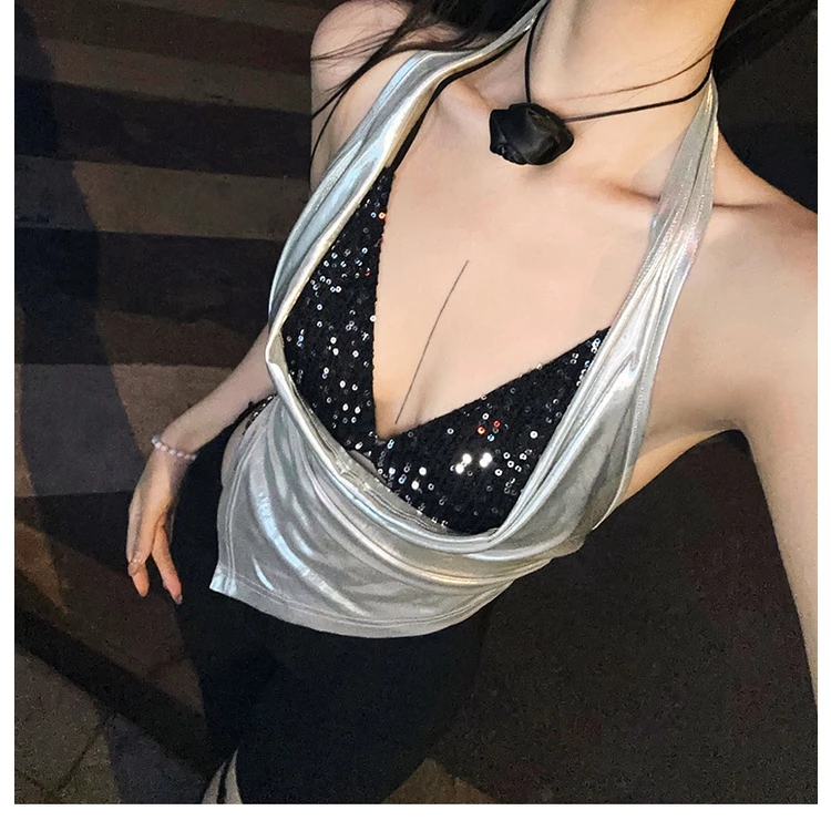 Klalien Áo Hai Dây Hở Lưng Ôm Dáng Màu Bạc Phong Cách vintage Đường Phố Cá Tính Quyến Rũ Dễ Phối Đồ Dành Cho Nữ
