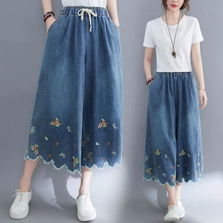 Quần jeans Ống Rộng Lưng Cao Co Giãn Thêu Họa Tiết Thời Trang Xuân Thu 2023 Dành Cho Nữ