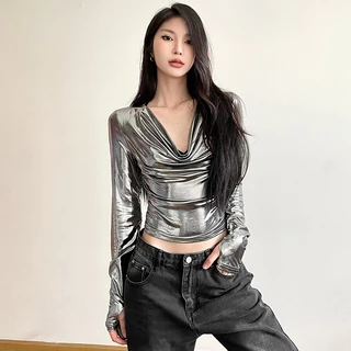 Klalien Áo Croptop Tay Dài Xếp Ly Màu Bạc Nhám Phong Cách vintage Đơn Giản Dễ Phối Đồ Mùa Thu Dành Cho Bạn Nữ