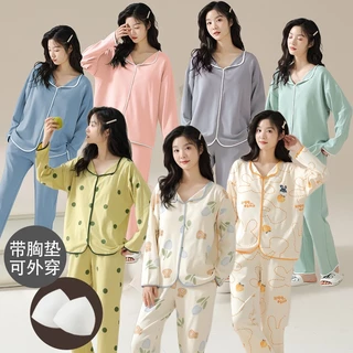 Bộ Đồ Ngủ Pijama Tay Dài Có Đệm Ngực Chất cotton Cỡ Lớn Thời Trang Thu Đông Cho Nữ [Lff1107]