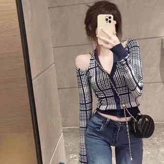 New plaid design off-shoulder knitwear for girls sexy neck slim fit short long sleeve T-shirt top