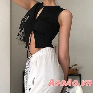 Aooao-áo crop Top Không Tay Khoét Lỗ Rỗng Màu Trơn Phối Dây Rút Gợi Cảm Cho Nữ