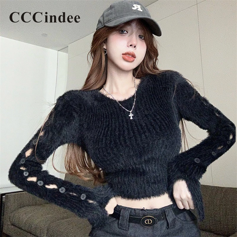 Cccindee Áo sweater Tay Dài Cổ Tròn Dáng Ôm Màu Trơn Thời Trang 2023 Dành Cho Nữ