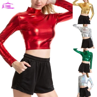 【UTHU】 Áo Croptop Giả Da Bóng Tay Dài Cổ Đứng Cho Vũ Công Múa