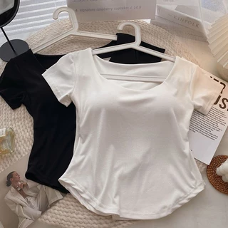 Áo thun phong cách ngắn màu trơn có đệm ngực Nữ mùa hè Phong cách mới Slim-fit Slimmer Look All-match White Tay ngắn Top C