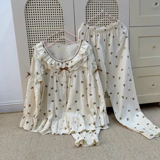 N9 - Pijama bánh bèo dài tay cho nữ họa tiết gấu- Bộ ngủ mặc nhà cao cấp hàng quảng châu