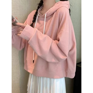 IELGY Áo Hoodie Ngắn Dáng Rộng Thiết Kế Hình Bánh waffle Phong Cách Hàn Quốc Dành Cho Bạn Nữ