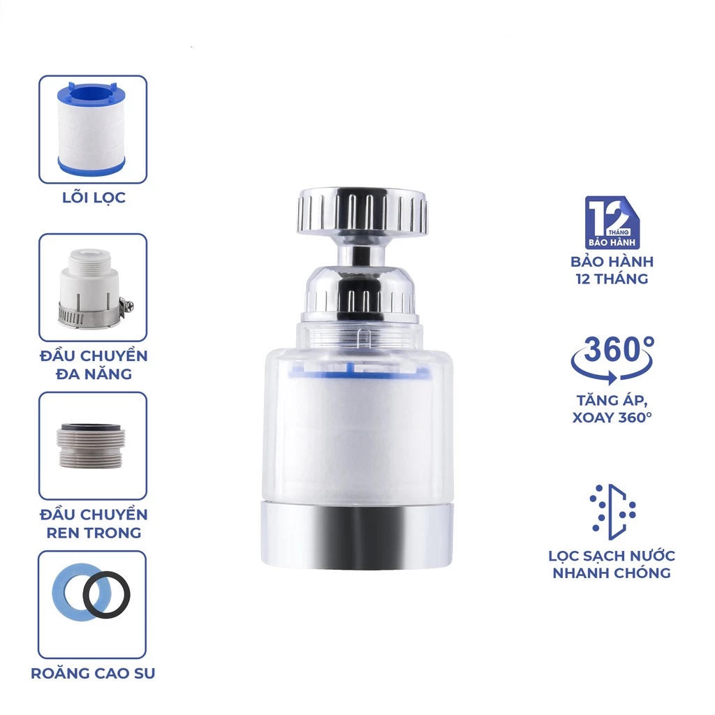 Bộ Lọc Nước, Đầu Lọc Nước Tại Vòi Tăng Áp - Xoay 360 Độ