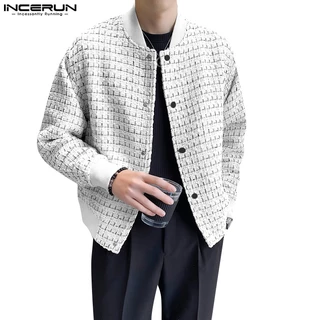 INCERUN Áo Khoác cardigan Tay Dài Không Cổ Họa Tiết Sọc Caro Cho Nam