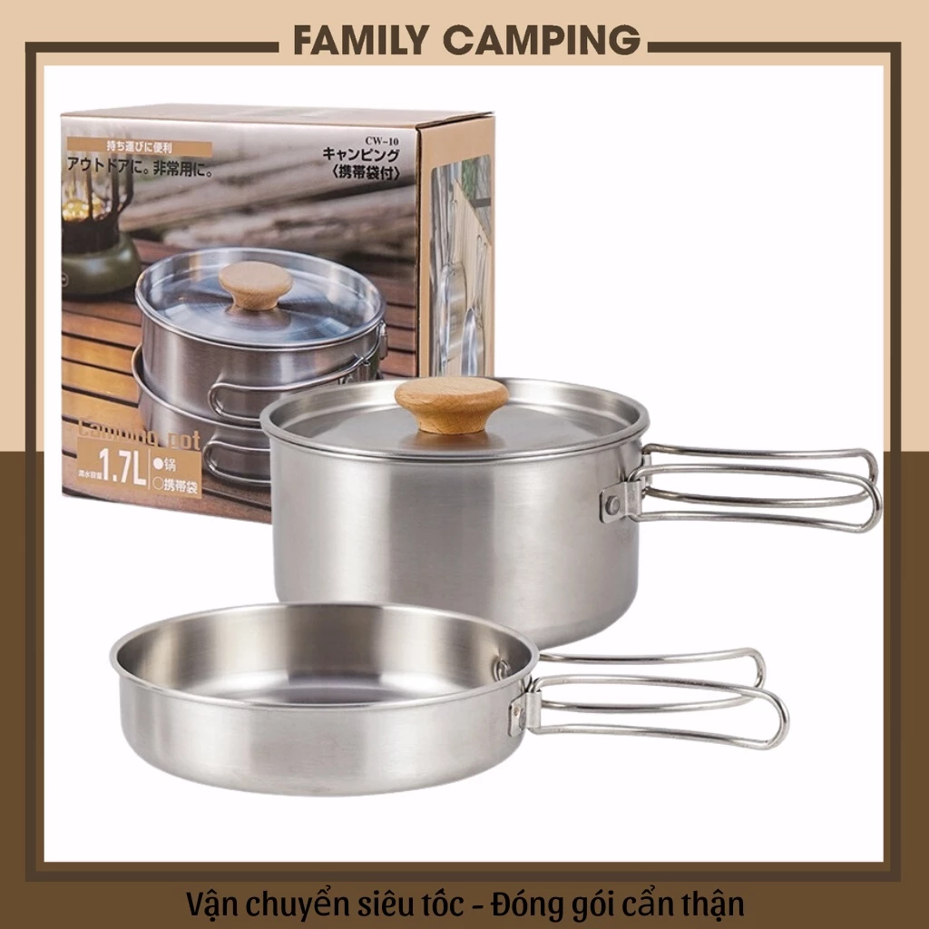 Bộ nồi dã ngoại gấp gọn 2 chi tiết đi cắm trại du lịch camping picnic tiện lợi chất CLS Bộ nồi thép không gỉ cho 2-3ng