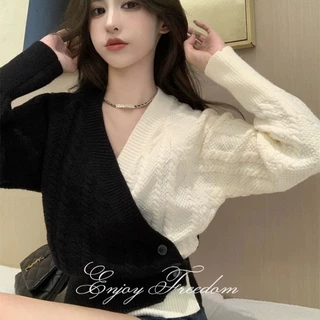 Áo sweater Cổ Chữ v Phối Màu Tương Phản Trẻ Trung Phong Cách Hàn Quốc Cho Bạn Gái